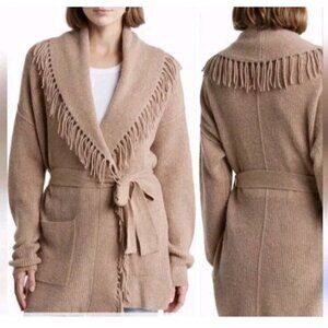 360 Cashmere Alissa Tan Wool Cashmere Blend Fringe Belted Cardigan Sz M Boho